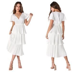 Lulus Twirl-wind Romance White Satin Tiered Midi Dress size Medium NWT